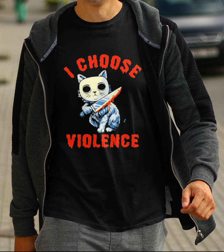 I Choose Violence Cat With Knife Horror Creepy Mask T-Shirt