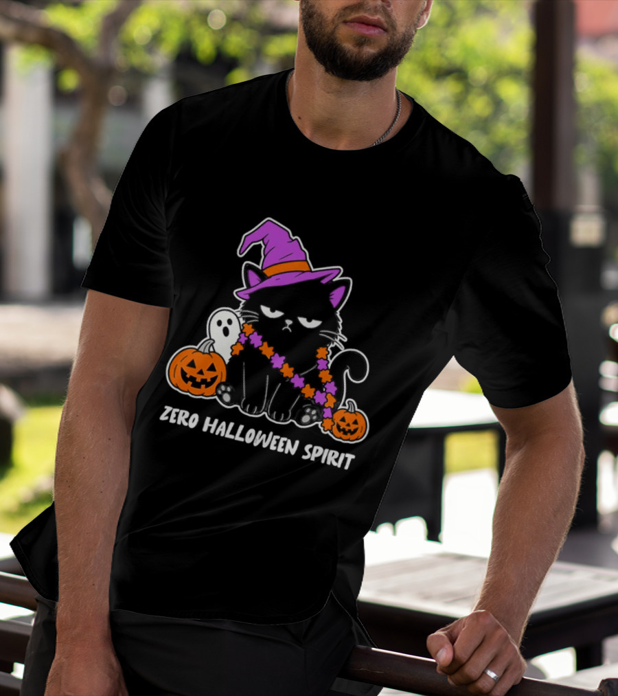 Zero Halloween Spirit Grumpy Black Cat With Pumpkin Ghost And Hat T-Shirt