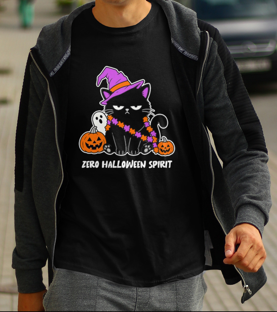 Zero Halloween Spirit Grumpy Black Cat With Pumpkin Ghost And Hat T-Shirt