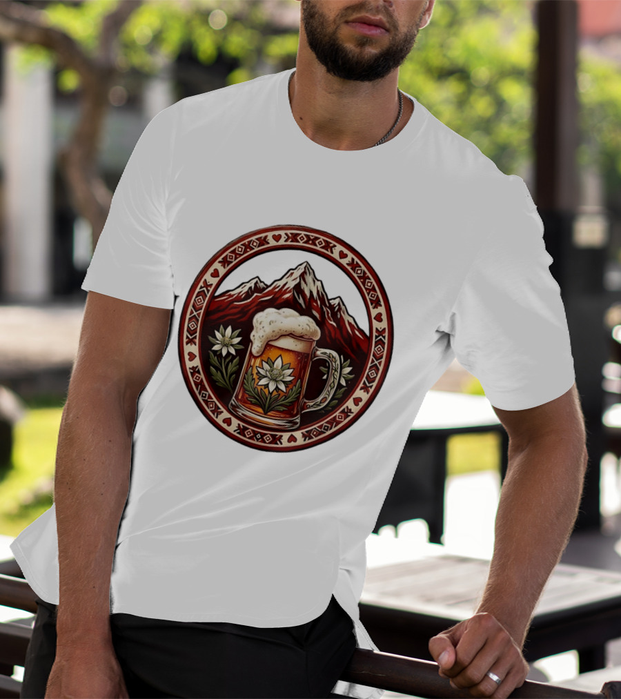 Alpine Beer Edelweiss Mountain Peaks Bavarian Heart Border T-Shirt
