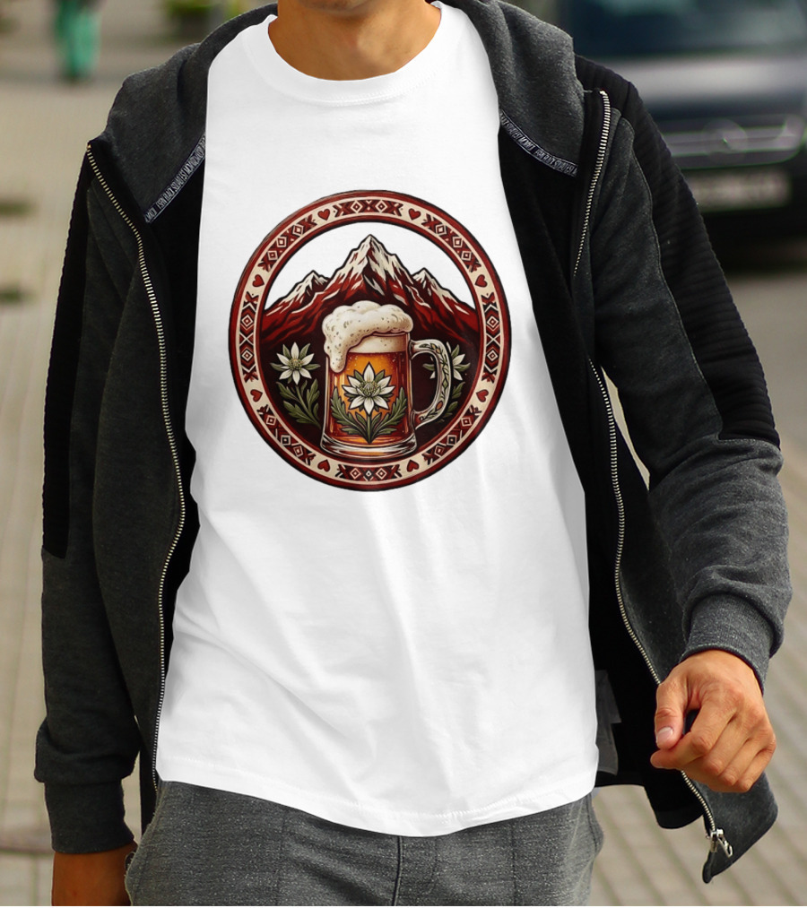 Alpine Beer Edelweiss Mountain Peaks Bavarian Heart Border T-Shirt