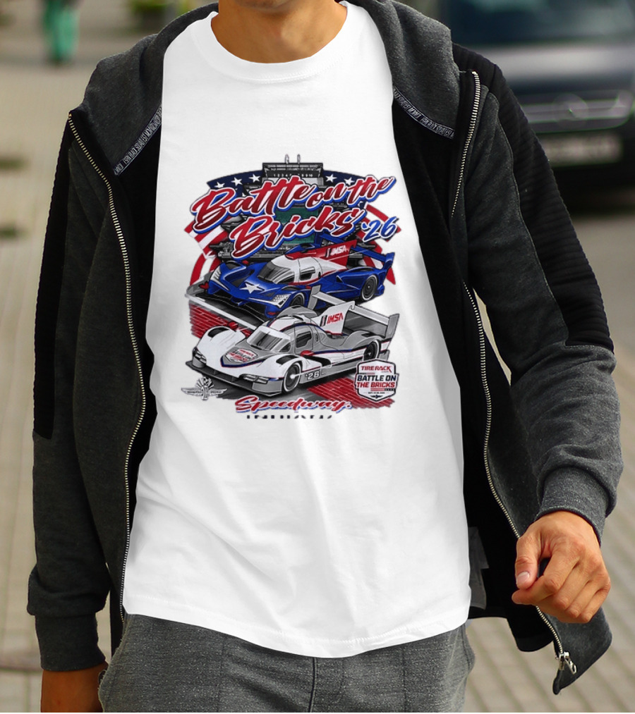 Battle On The Bricks '26 IMSA Indianapolis Motor Speedway Tire Rack Racing Cars T-Shirt