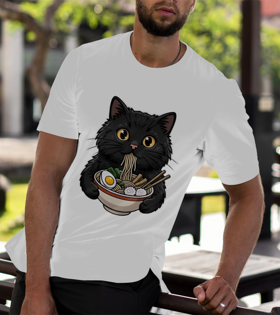 Black Cat Enjoying Ramen Noodles Anime T-Shirt