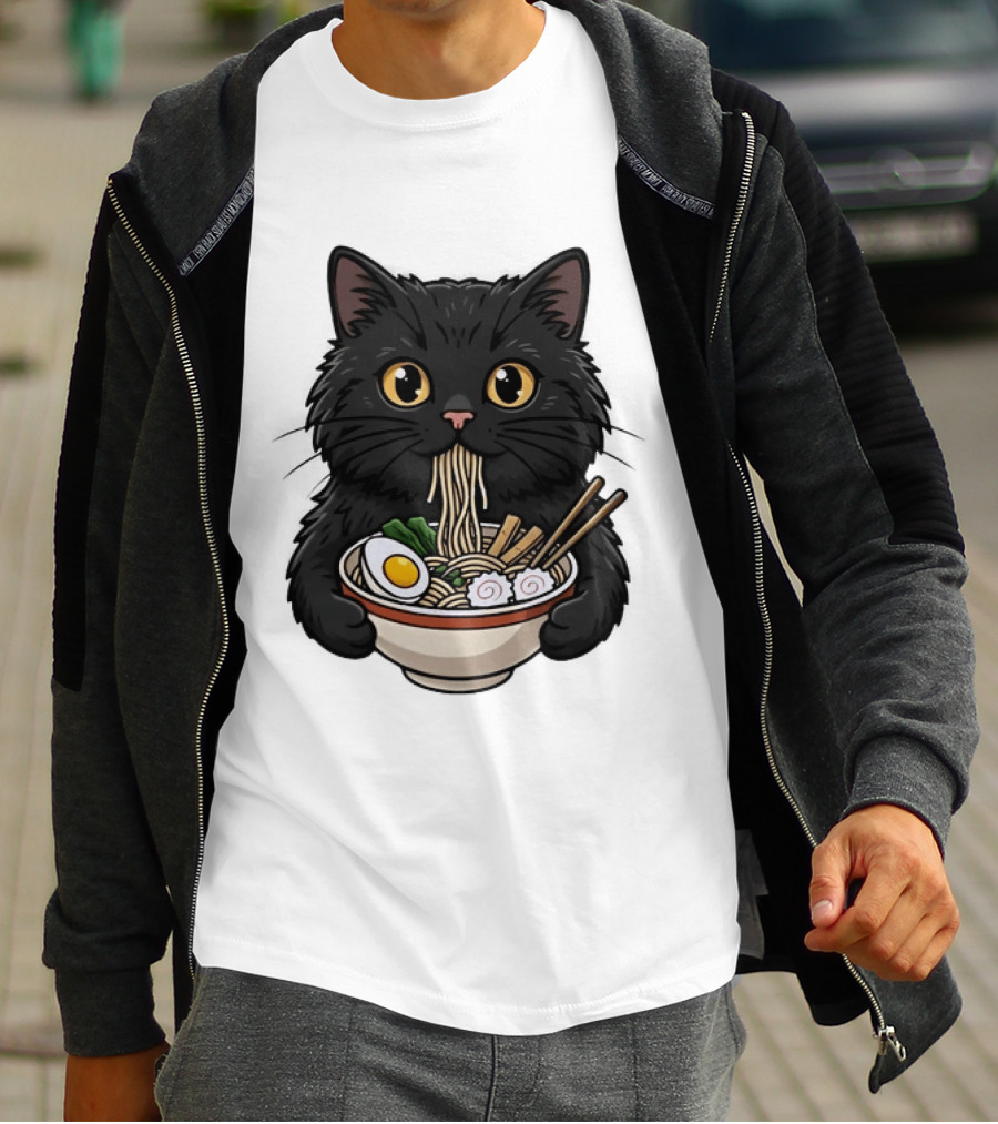 Black Cat Enjoying Ramen Noodles Anime T-Shirt