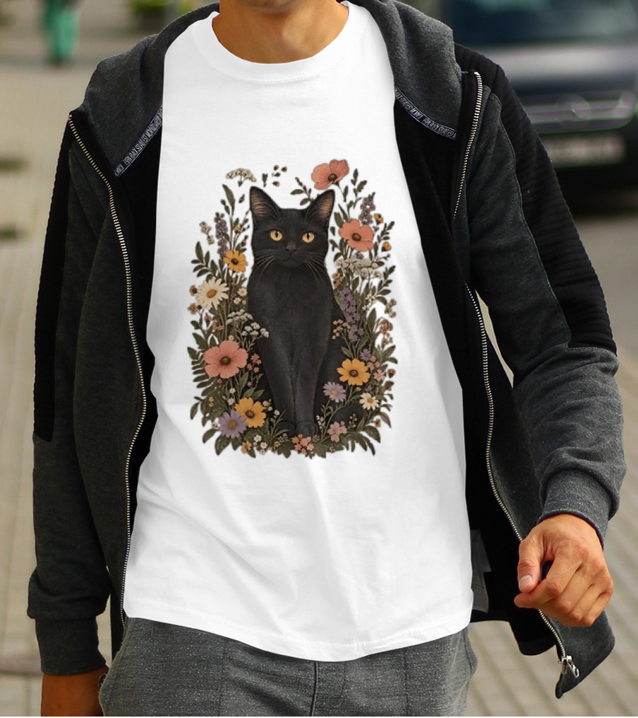 Black Cat In Blooming Garden Of Wildflowers T-Shirt