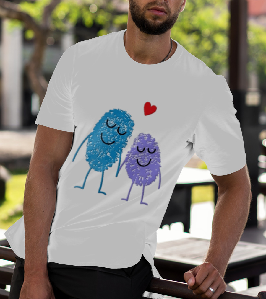 Blue Purple Fingerprint Characters Holding Hands Red Heart Cartoon T-Shirt