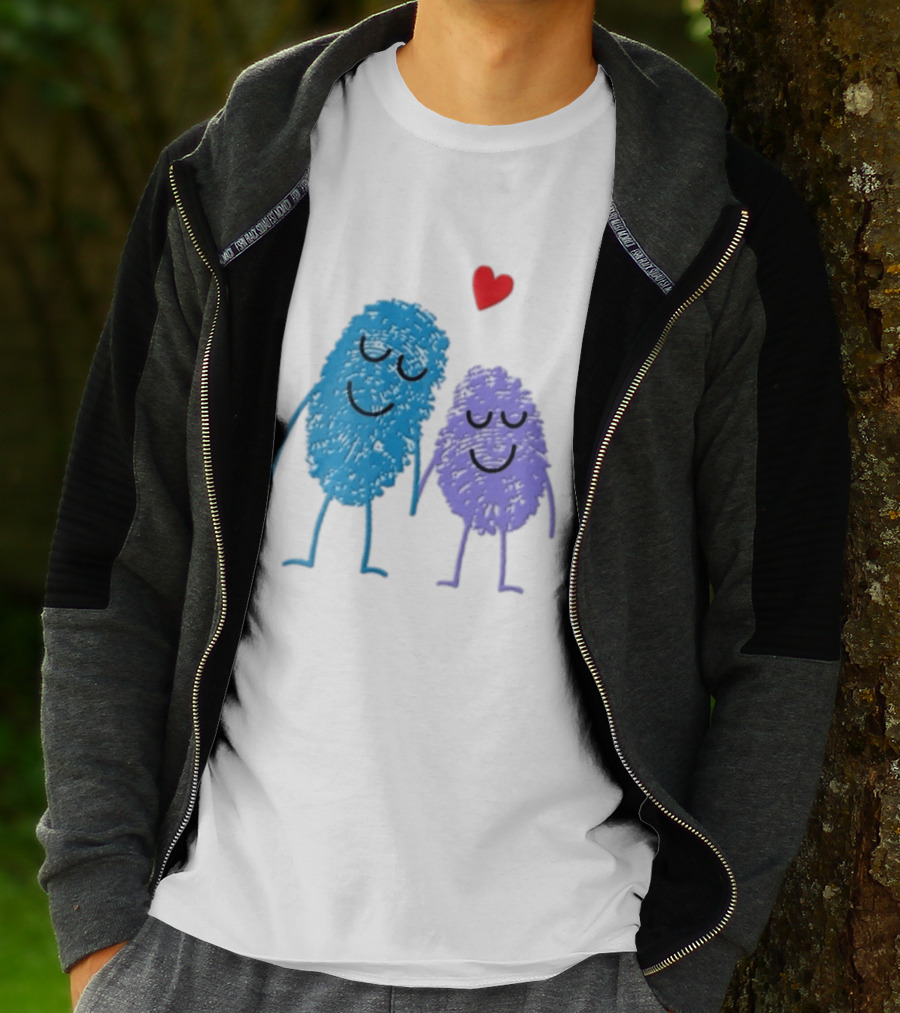 Blue Purple Fingerprint Characters Holding Hands Red Heart Cartoon T-Shirt