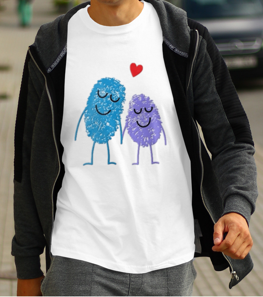 Blue Purple Fingerprint Characters Holding Hands Red Heart Cartoon T-Shirt