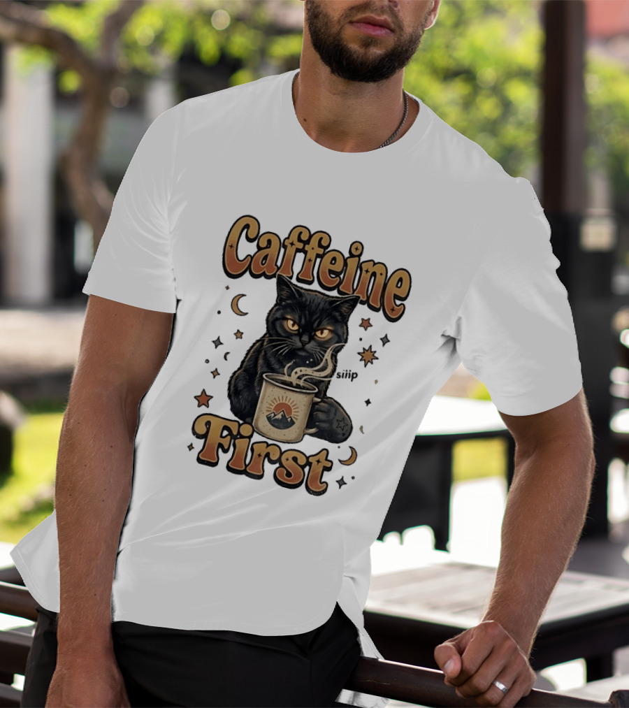 Caffeine First Cat With Coffee Moon Stars T-Shirt