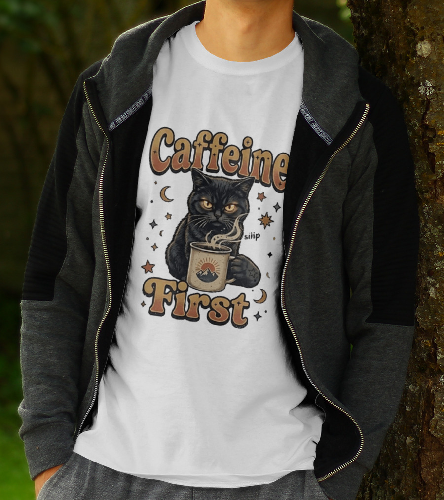 Caffeine First Cat With Coffee Moon Stars T-Shirt