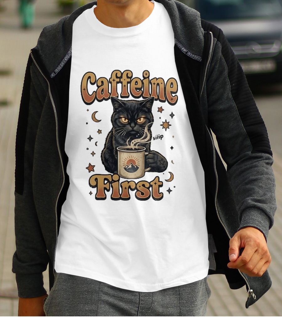 Caffeine First Cat With Coffee Moon Stars T-Shirt