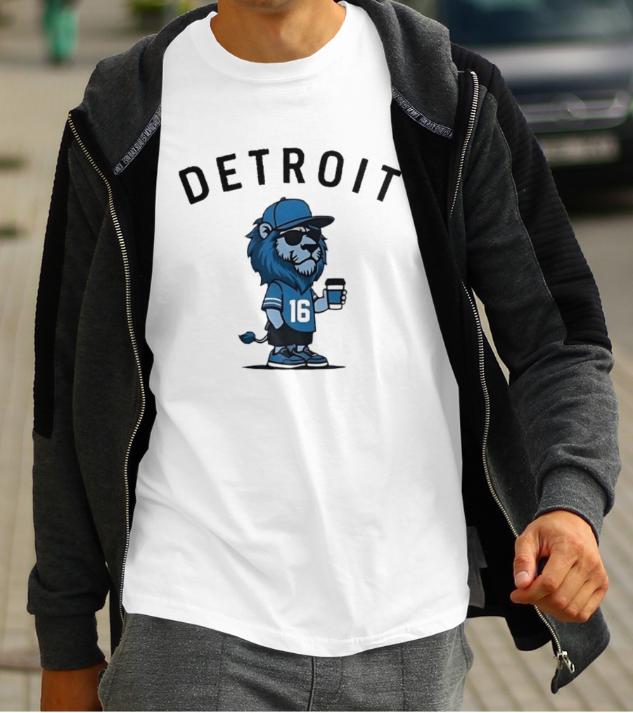 Detroit Lions Lion Mascot Jersey 16 With Coffee T-Shirt