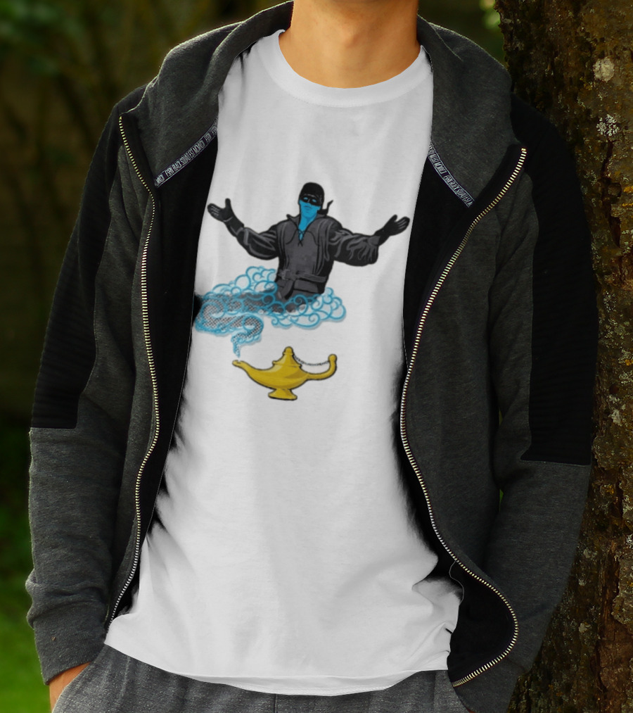 Dread Pirate Roberts Genie Man In Black With Golden Magic Lamp Halftone Cartoon T-Shirt