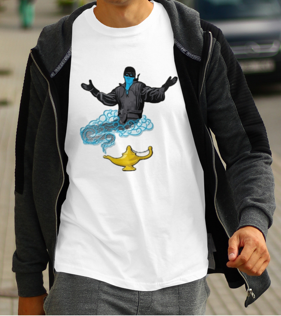 Dread Pirate Roberts Genie Man In Black With Golden Magic Lamp Halftone Cartoon T-Shirt