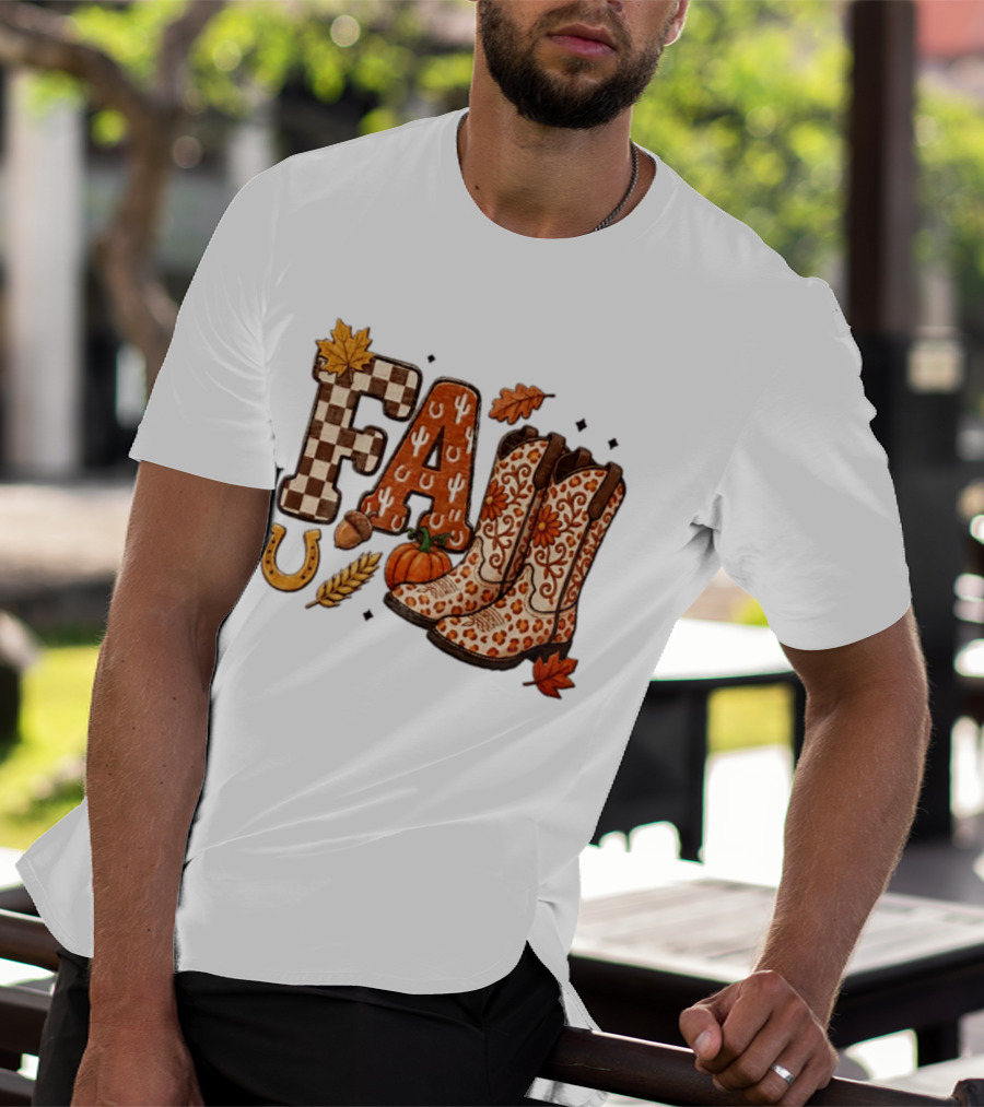 Fall Western Cowboy Boots Pumpkin Horseshoe Wheat Harvest Season T-Shirt
