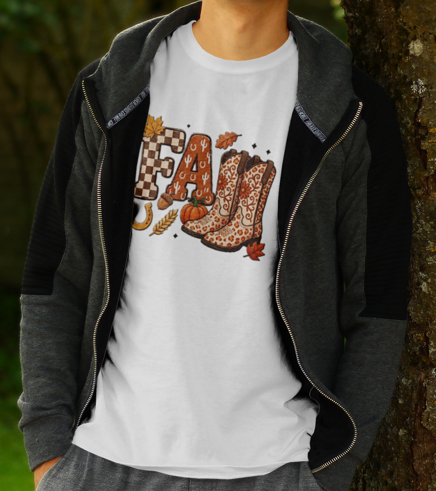 Fall Western Cowboy Boots Pumpkin Horseshoe Wheat Harvest Season T-Shirt
