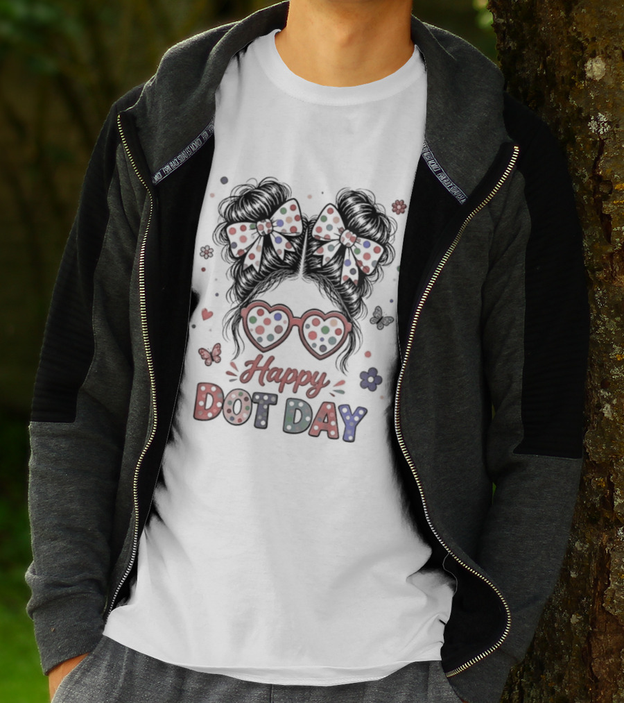Happy Dot Day Colorful Polka Dot Messy Bun Bow Glasses T-Shirt