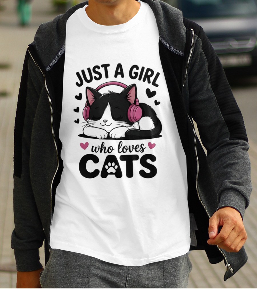 Just A Girl Who Loves Cats Kitten With Headphones T-Shirt