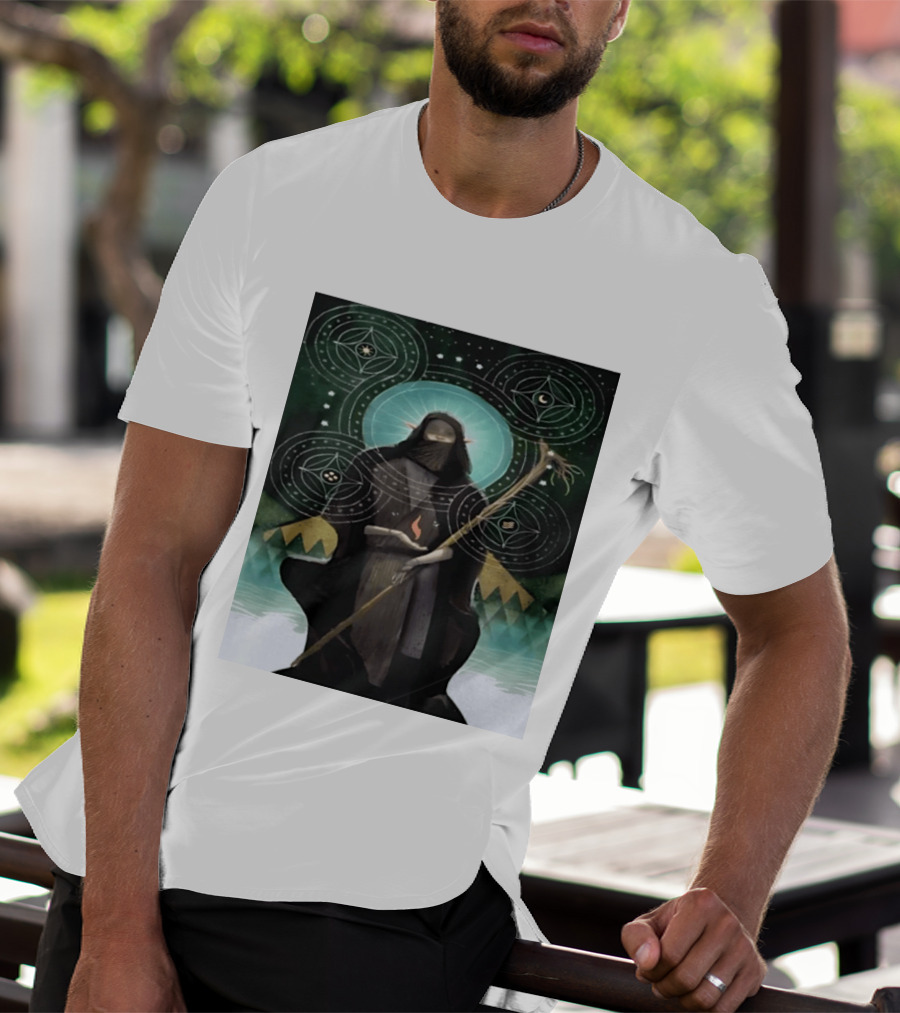 Mystical Elf Mage Staff Elemental Magic Symbols Enchanted Circles T-Shirt