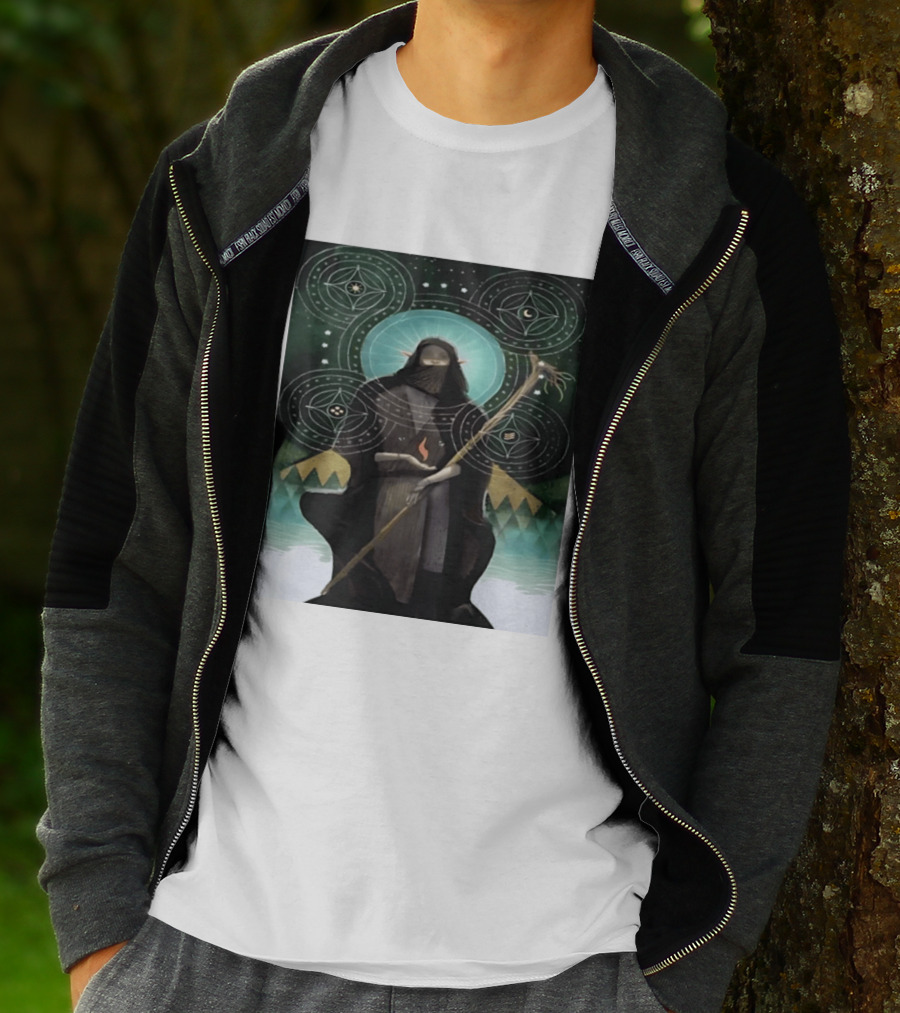 Mystical Elf Mage Staff Elemental Magic Symbols Enchanted Circles T-Shirt