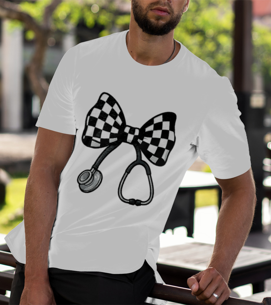 Checkered Bow Stethoscope Medical Nurse T-Shirt