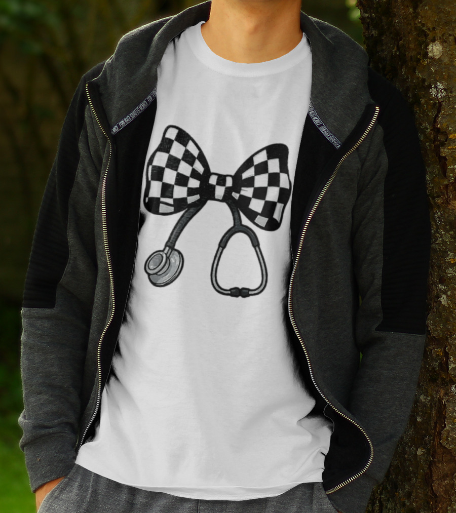 Checkered Bow Stethoscope Medical Nurse T-Shirt