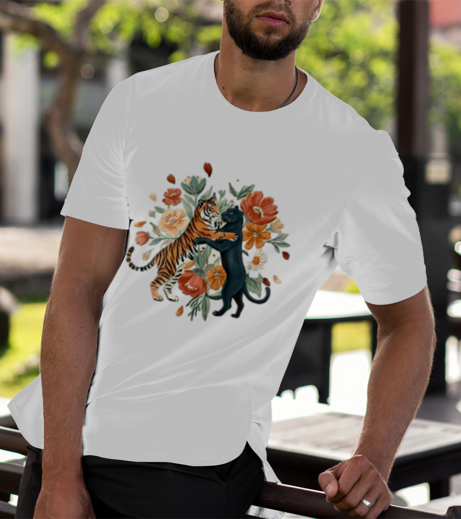 Tiger Black Panther Embrace Floral Bouquet Watercolor T-Shirt