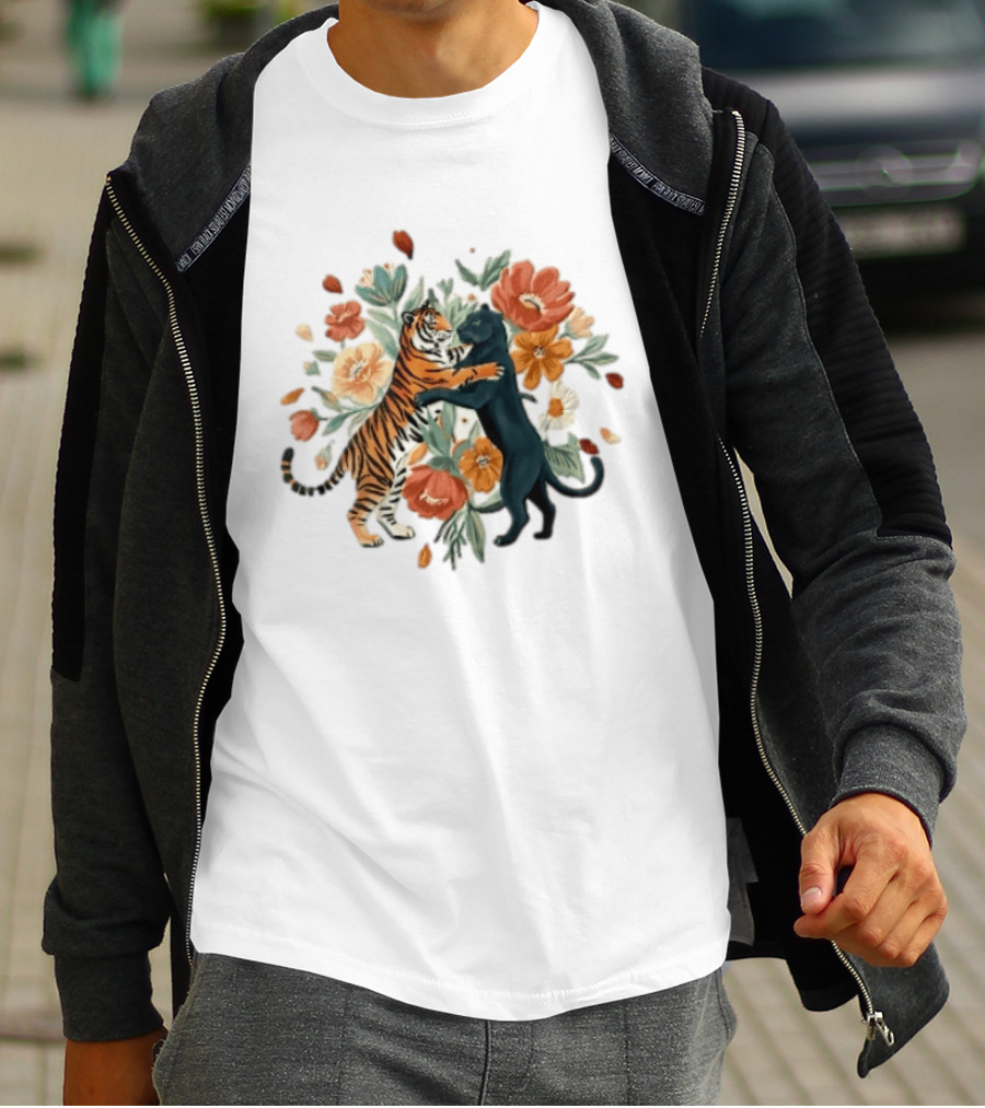Tiger Black Panther Embrace Floral Bouquet Watercolor T-Shirt