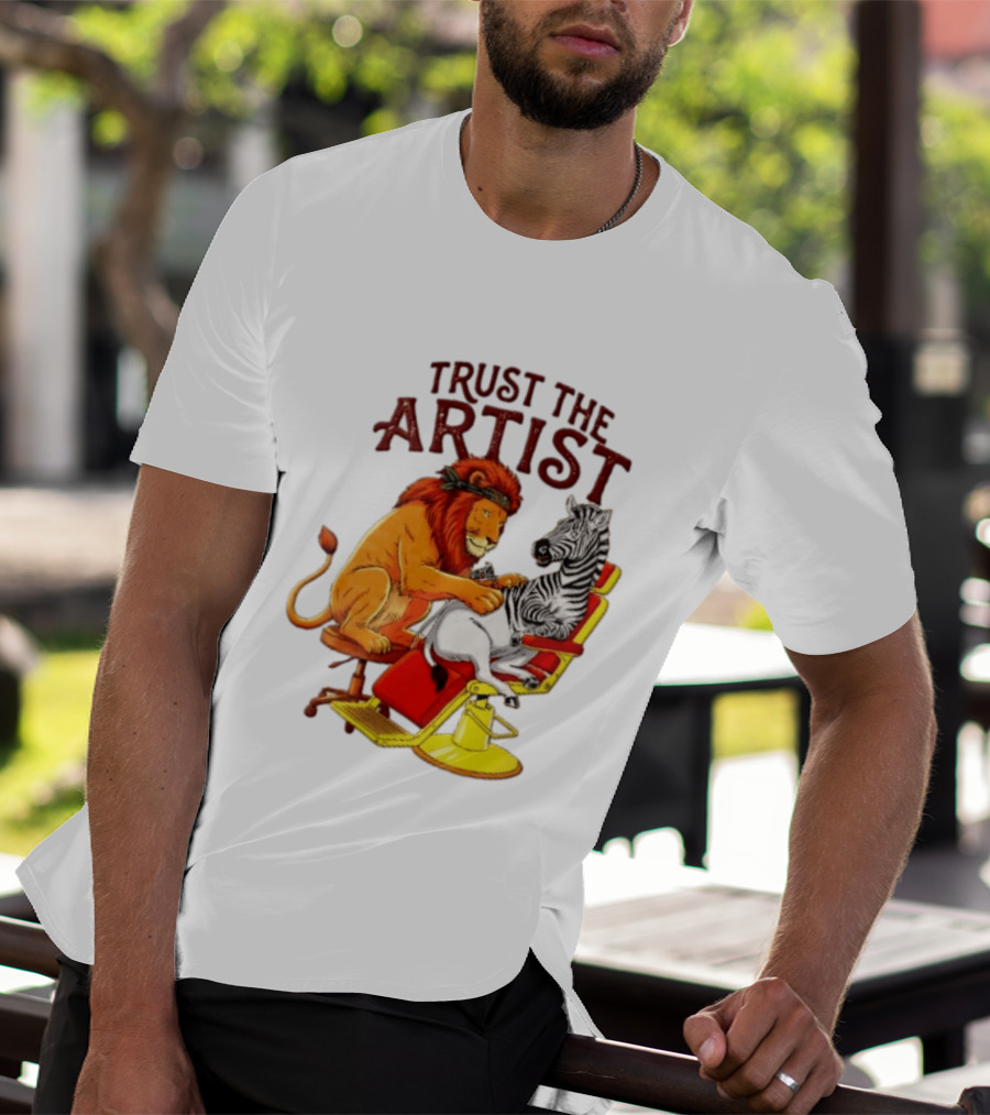 Trust The Artist Lion Tattooing Zebra In Barber Chair T-Shirt