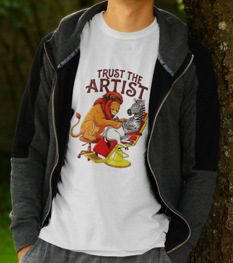 Trust The Artist Lion Tattooing Zebra In Barber Chair T-Shirt