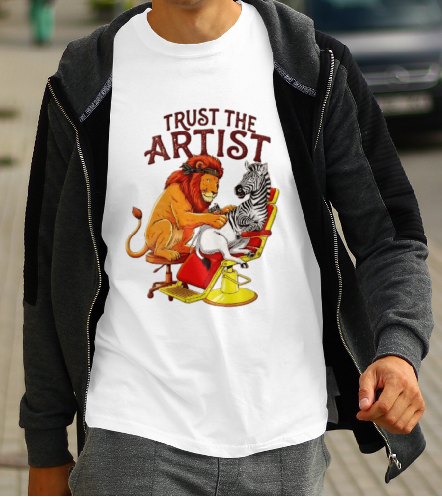 Trust The Artist Lion Tattooing Zebra In Barber Chair T-Shirt