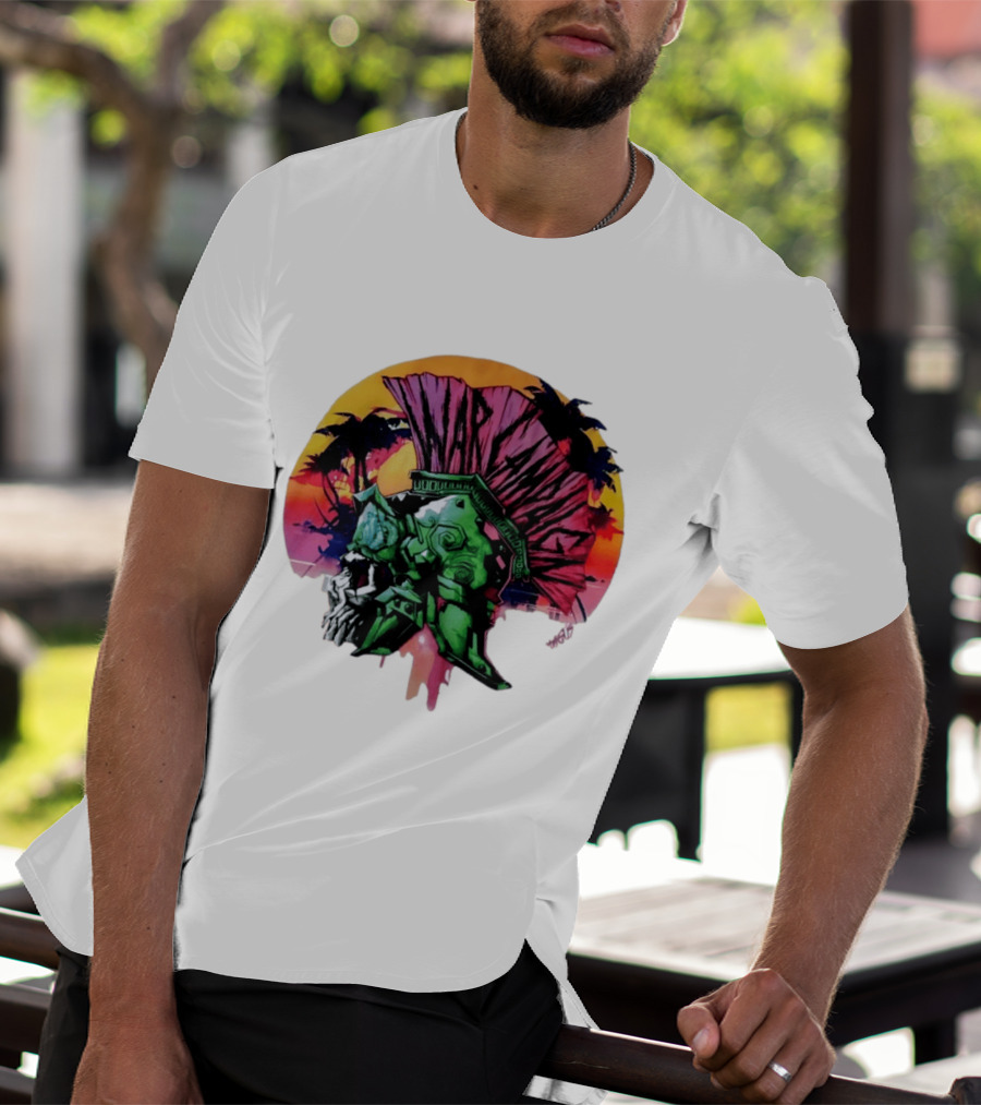 Warcraft Skull Spartan Helmet Tropical Sunset T-Shirt