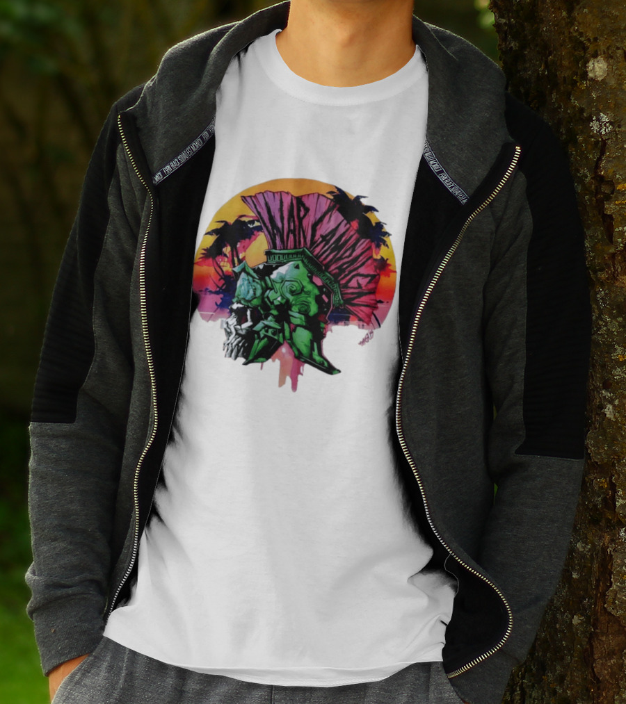 Warcraft Skull Spartan Helmet Tropical Sunset T-Shirt