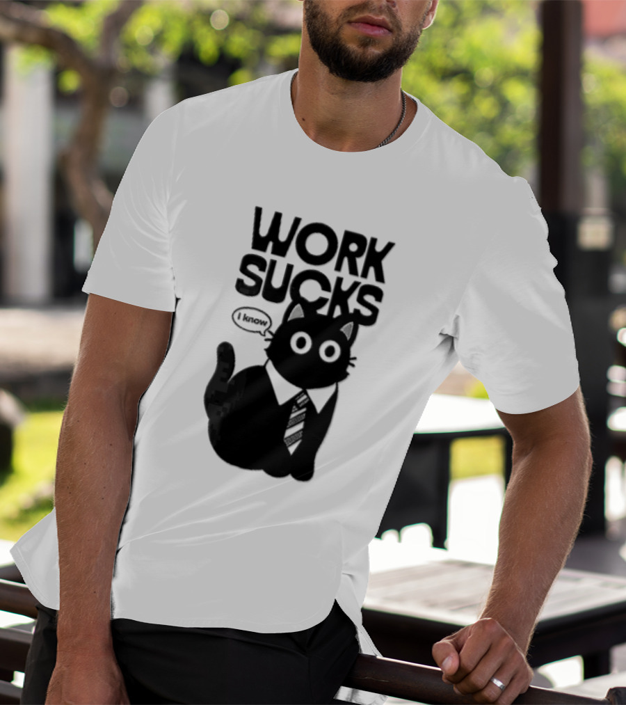 Work Sucks I Know Cartoon Black Cat T-Shirt