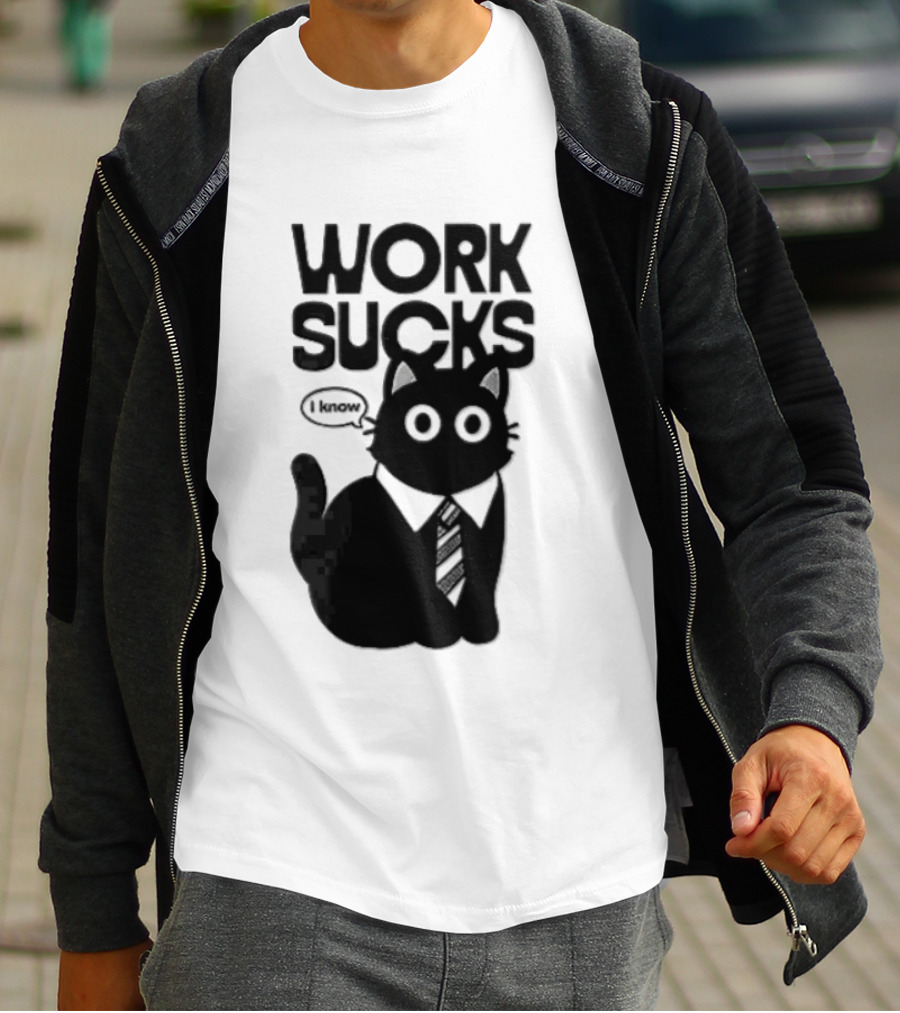 Work Sucks I Know Cartoon Black Cat T-Shirt