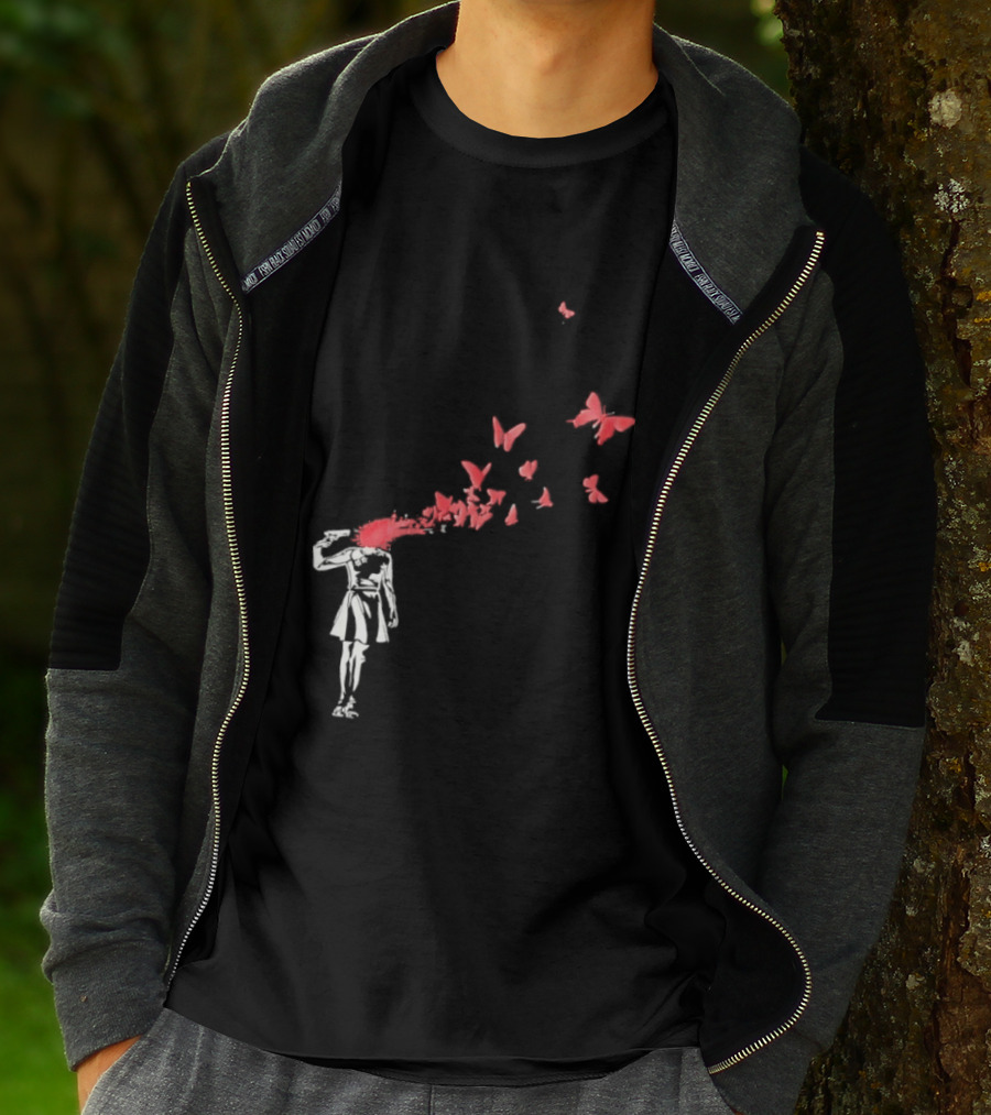 Banksy Girl Red Butterfly Burst Explosion T-Shirt