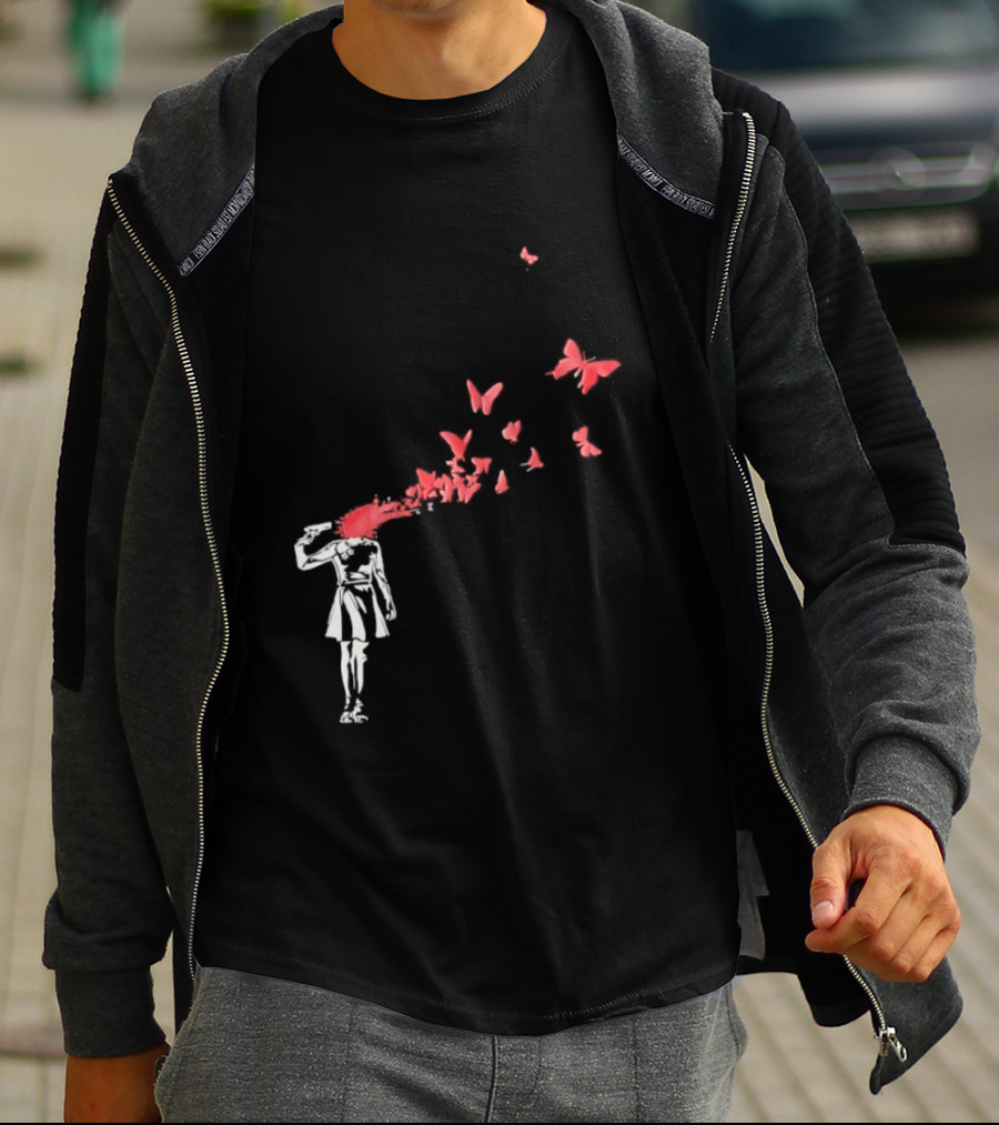 Banksy Girl Red Butterfly Burst Explosion T-Shirt