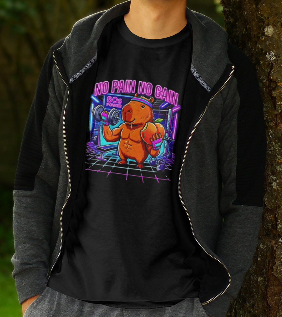 Capybara No Pain No Gain 80s Power Lifting Fitness Workout Gym T-Shirt