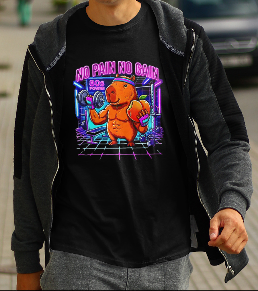 Capybara No Pain No Gain 80s Power Lifting Fitness Workout Gym T-Shirt