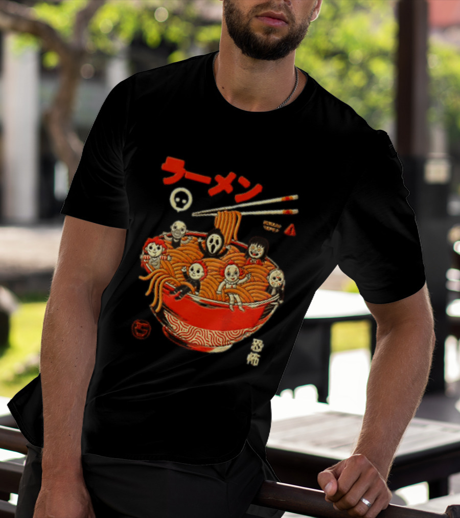 Chucky Ghostface Kayako Michael Myers Pennywise Jason Voorhees Ramen Horror Characters Eat Scream T-Shirt