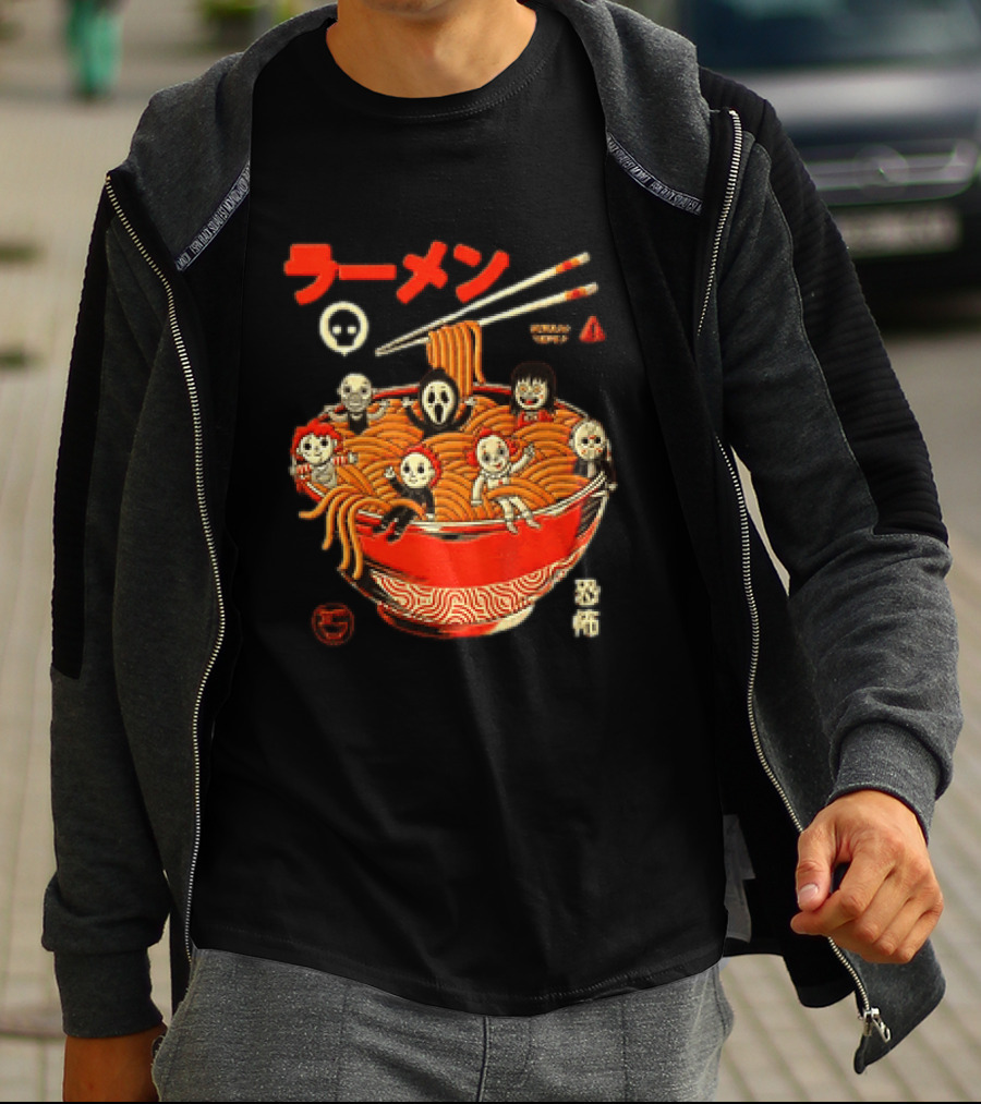 Chucky Ghostface Kayako Michael Myers Pennywise Jason Voorhees Ramen Horror Characters Eat Scream T-Shirt