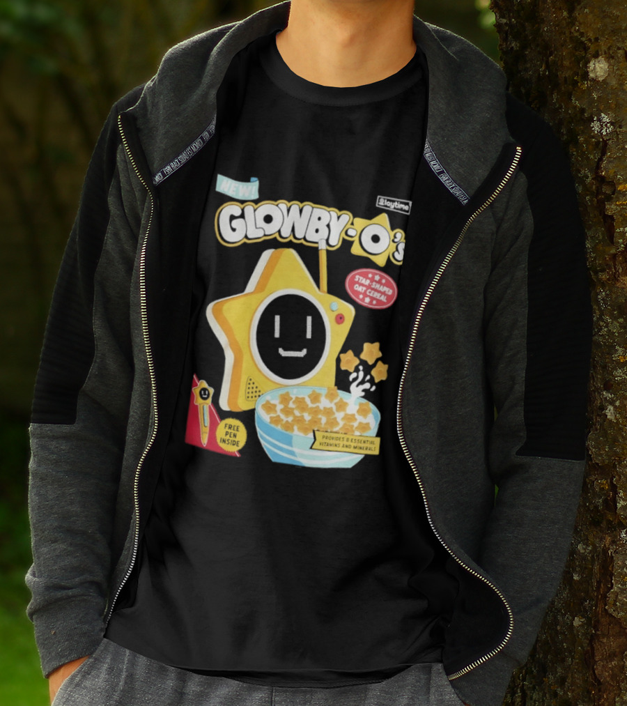 NEW Playtime Co Glowby O's Star Shaped Oat Cereal Box With Smiling Star And Bowl Of Cereal Bites T-Shirt
