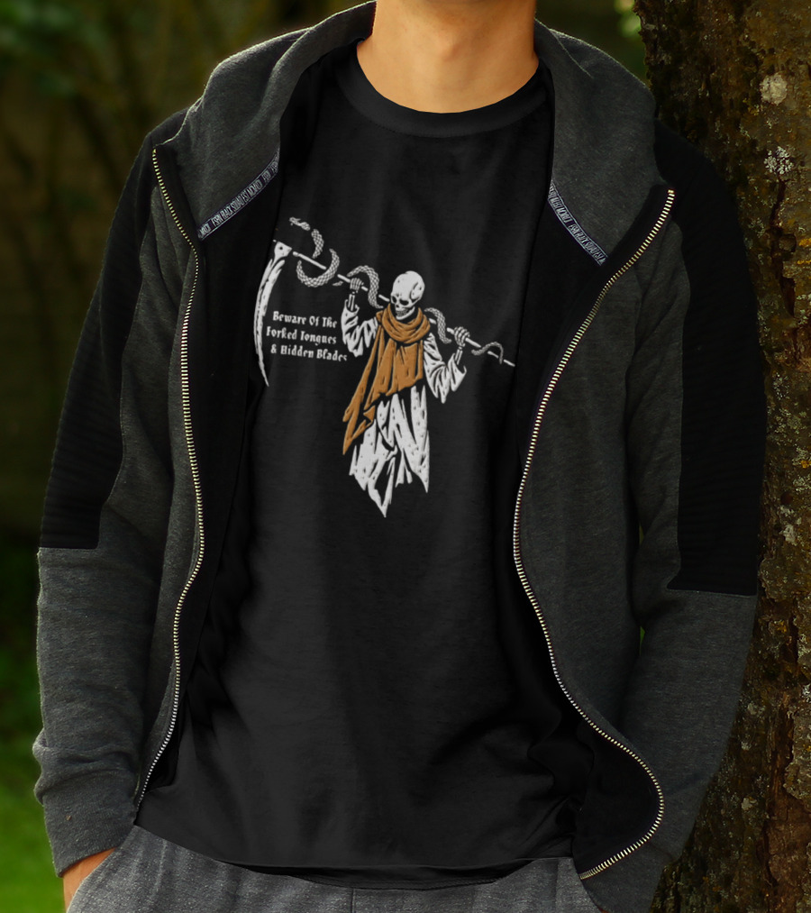 Beware Of The Forked Tongues And Hidden Blades Grim Reaper Snake T-Shirt