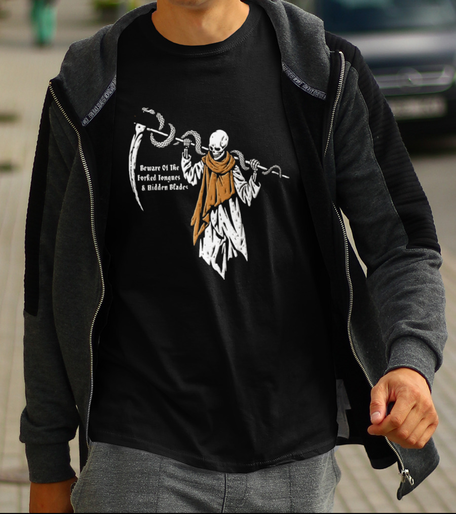 Beware Of The Forked Tongues And Hidden Blades Grim Reaper Snake T-Shirt