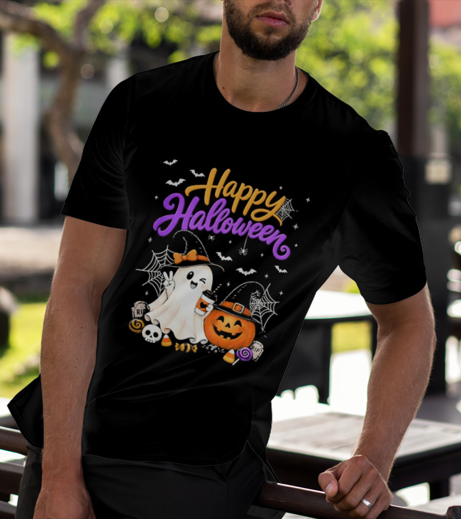 Happy Halloween Ghost Pumpkin Candy And Spider Webs T-Shirt