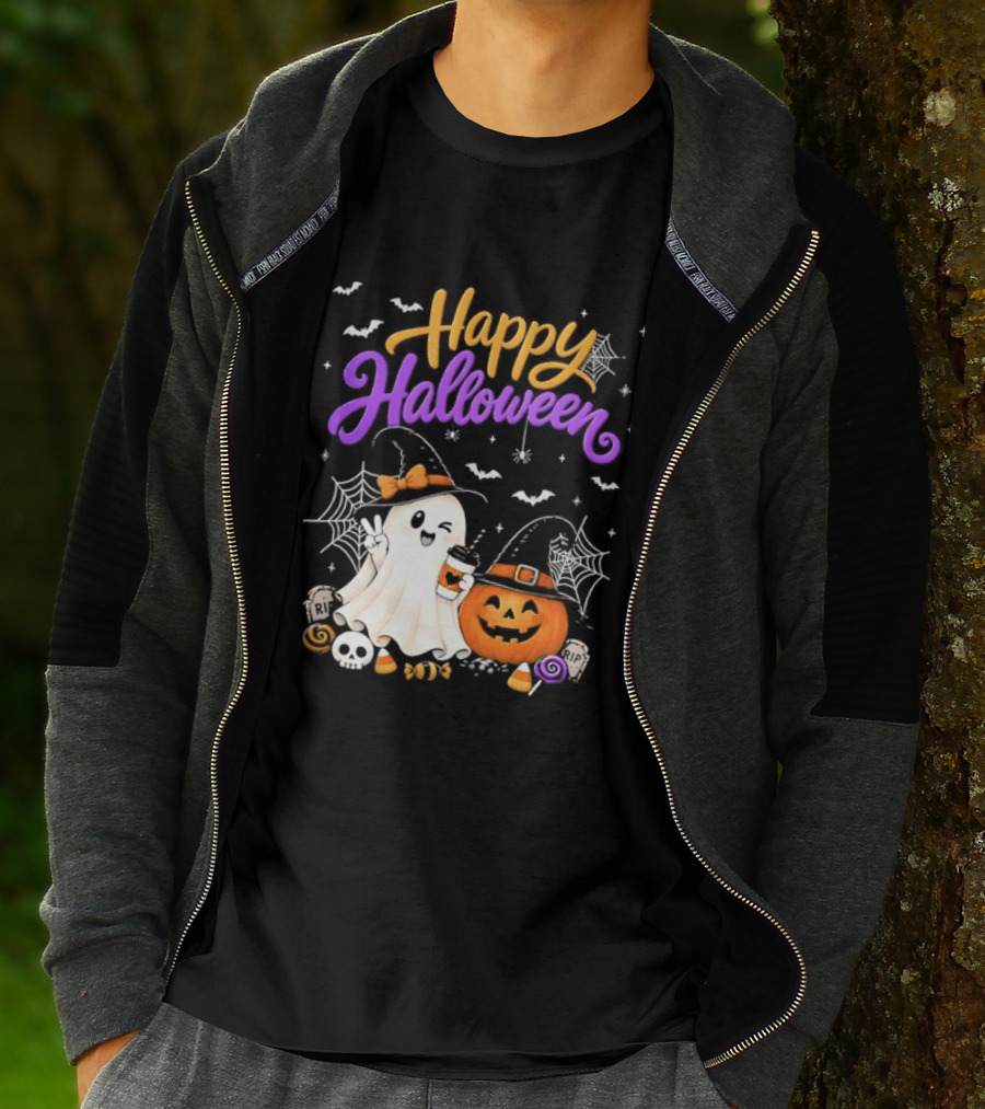 Happy Halloween Ghost Pumpkin Candy And Spider Webs T-Shirt