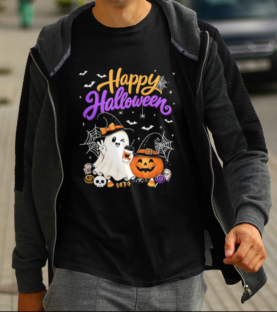Happy Halloween Ghost Pumpkin Candy And Spider Webs T-Shirt