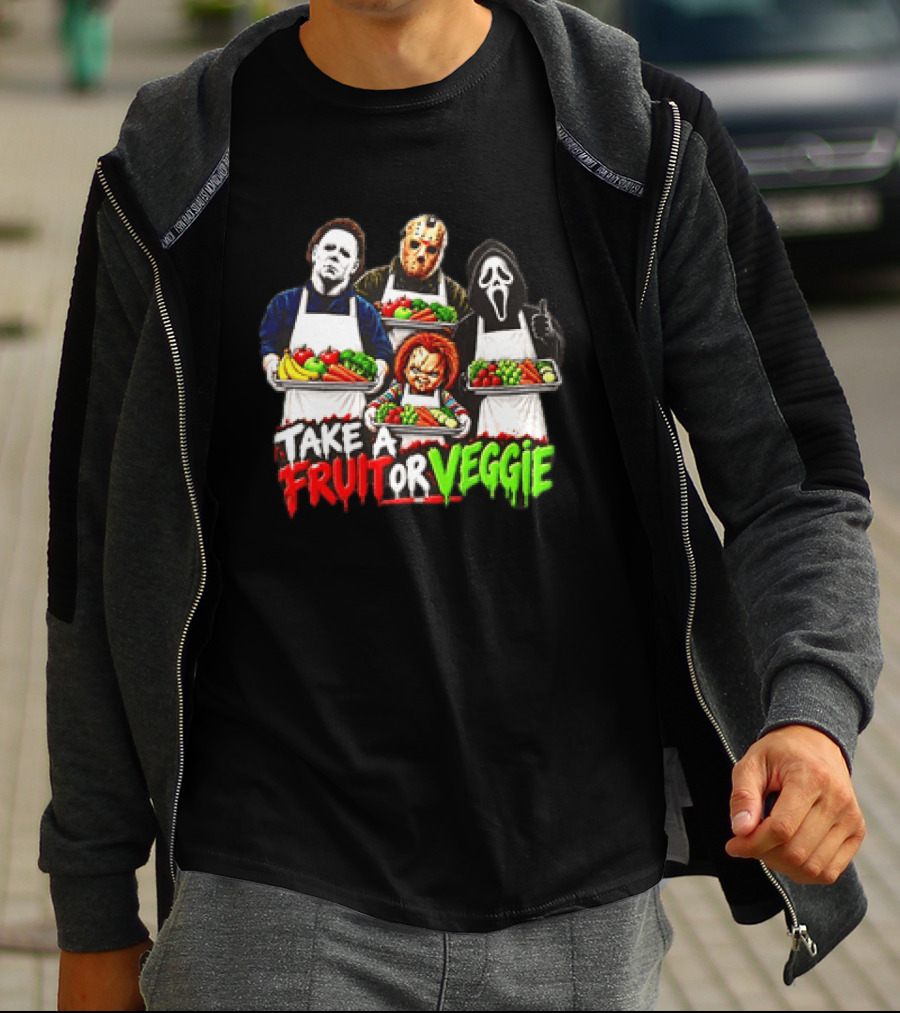 Michael Myers Jason Voorhees Ghostface Chucky Horror Movie Take A Fruit Or Veggie T-Shirt