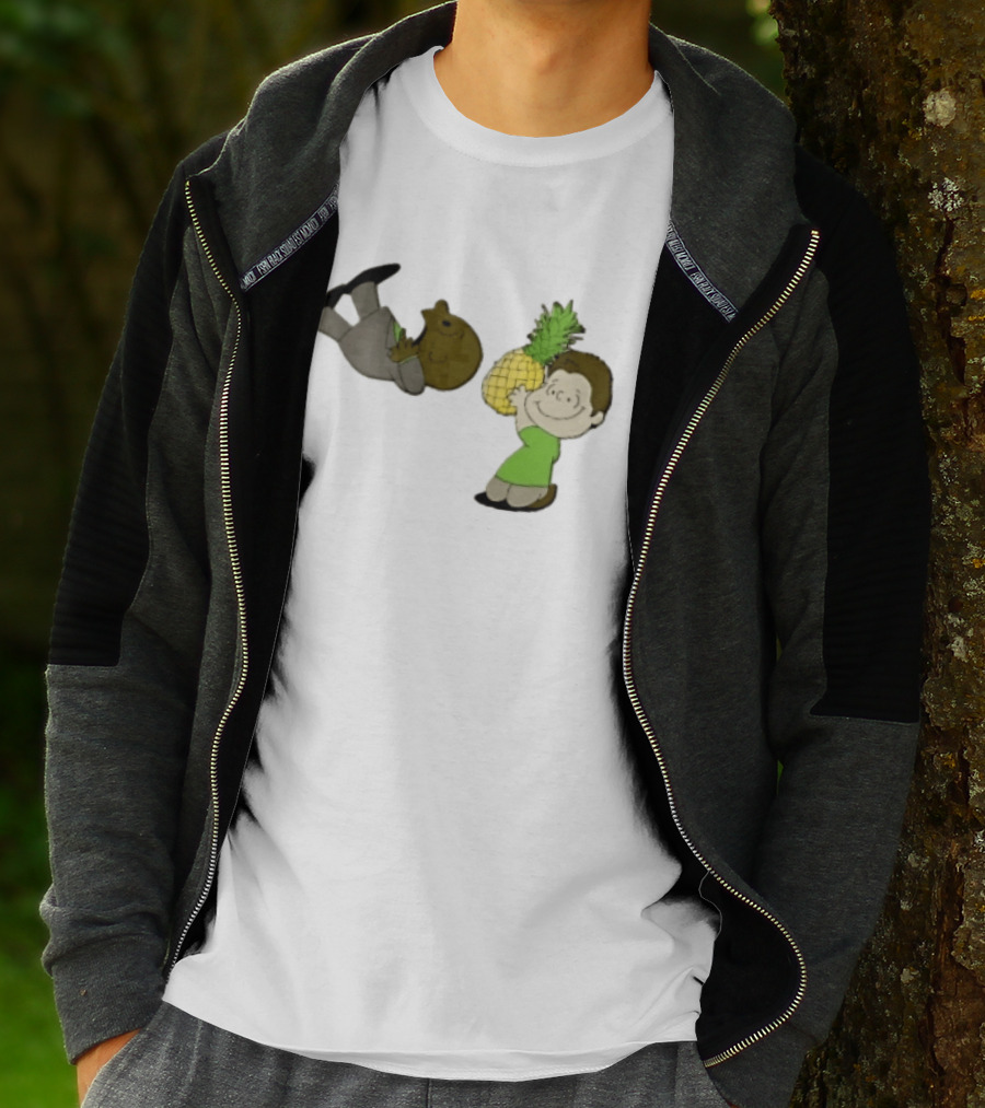 Cartoon Smiling Boy With Upside Down Pineapple Suit Person T-Shirt
