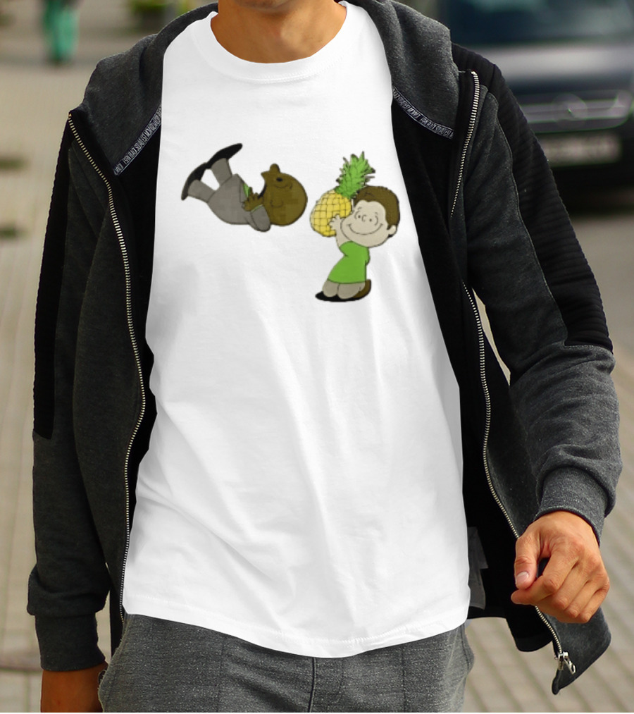 Cartoon Smiling Boy With Upside Down Pineapple Suit Person T-Shirt